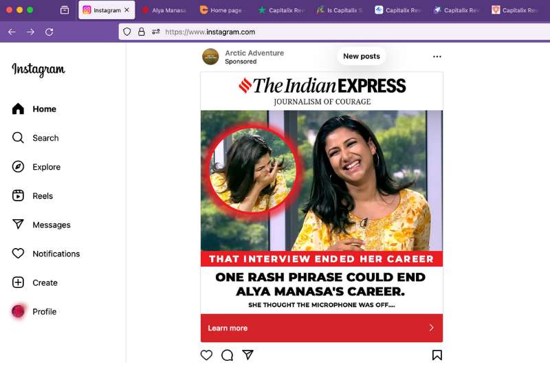 Screenshot of an Instagram ad featuring Alya Manasa's images and the Indian Express logo, leading users to a scam.